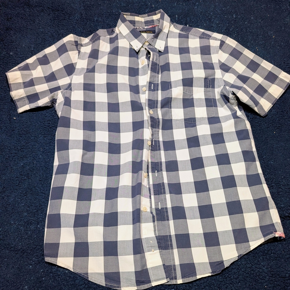 Club Room Men's Navy/White Plaid Button Down Short Sleeve Shirt (Large)
